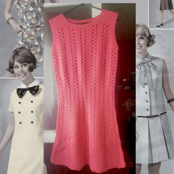 BEAUTIFUL HOT PINK VINTAGE CROCHETED AUDREY HEPBURN DRESS!! - Picture 4 of 4